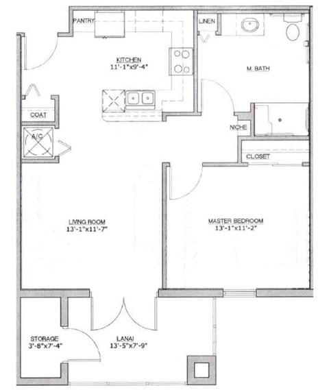Floor plan for 1 bed, 1 bath, 663 sqft